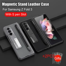 Luxury Leather Phone Case For Samsung Galaxy Z Fold 3 5G W22 Magnetic Foldable Bracket PC Cases Cover with S Pen Slot Holder