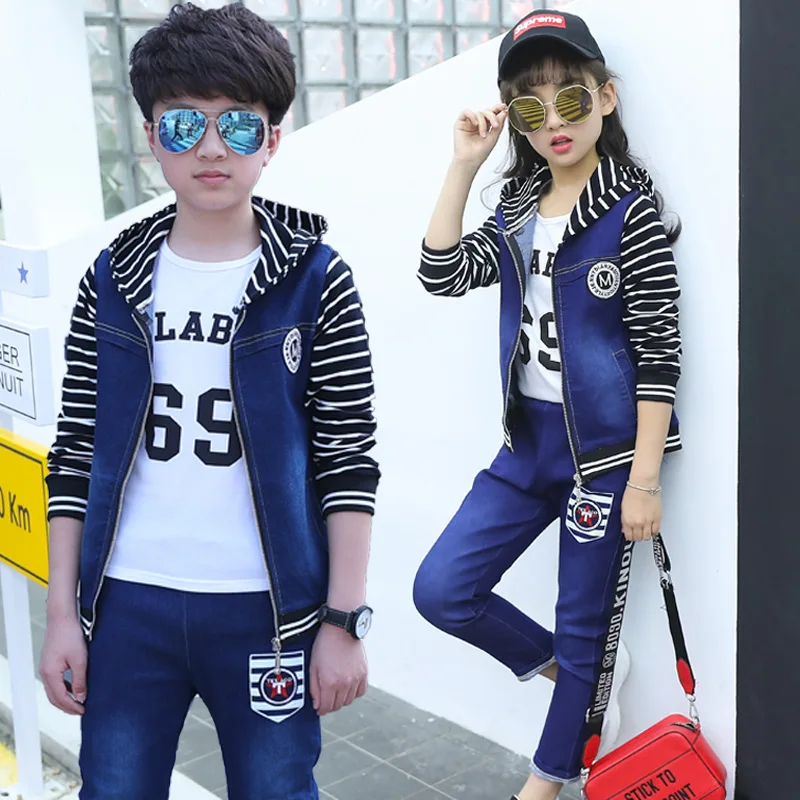 Джинсовый костюм с капюшоном для мальчиков и девочек ковбойский комплект из двух