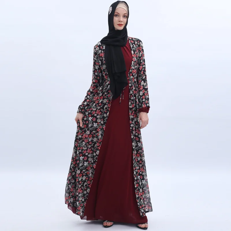 Мусульманская абайя Женская Цветочная шнуровка Верхняя одежда Jilbab Maxi Abayas платья
