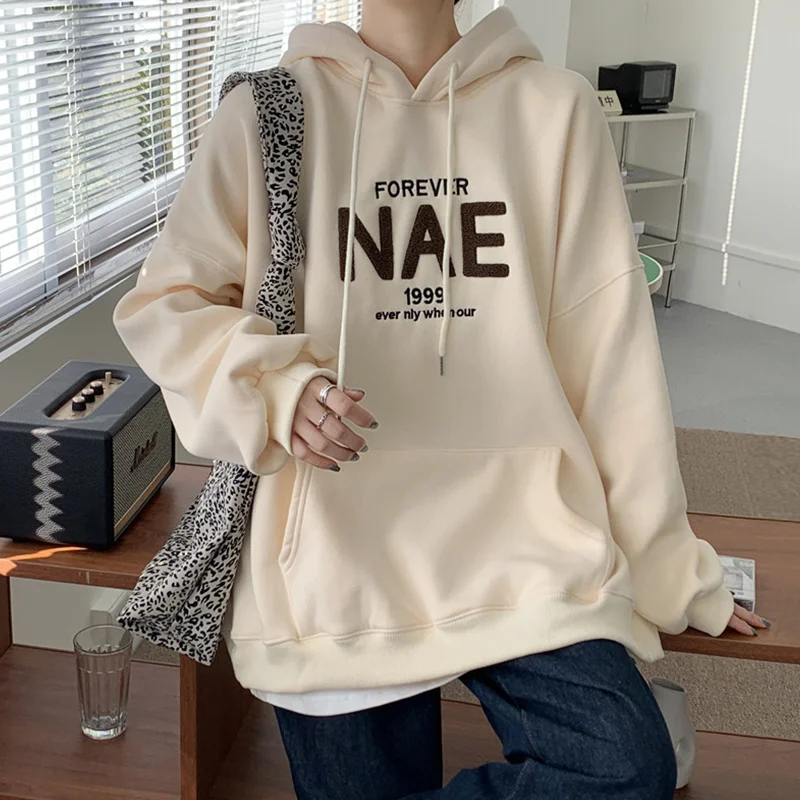 

Apricot Plush Letter Hooded Sweater Women's Autumn and Winter 2021 New Korean Loose Lazy Top