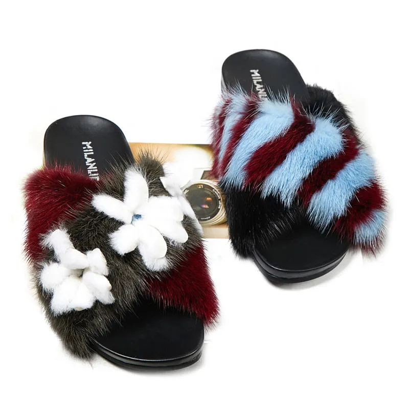 Шлепанцы из соболя разных цветов Новинка весна-лето 2020 кожаные шлепанцы с мехом