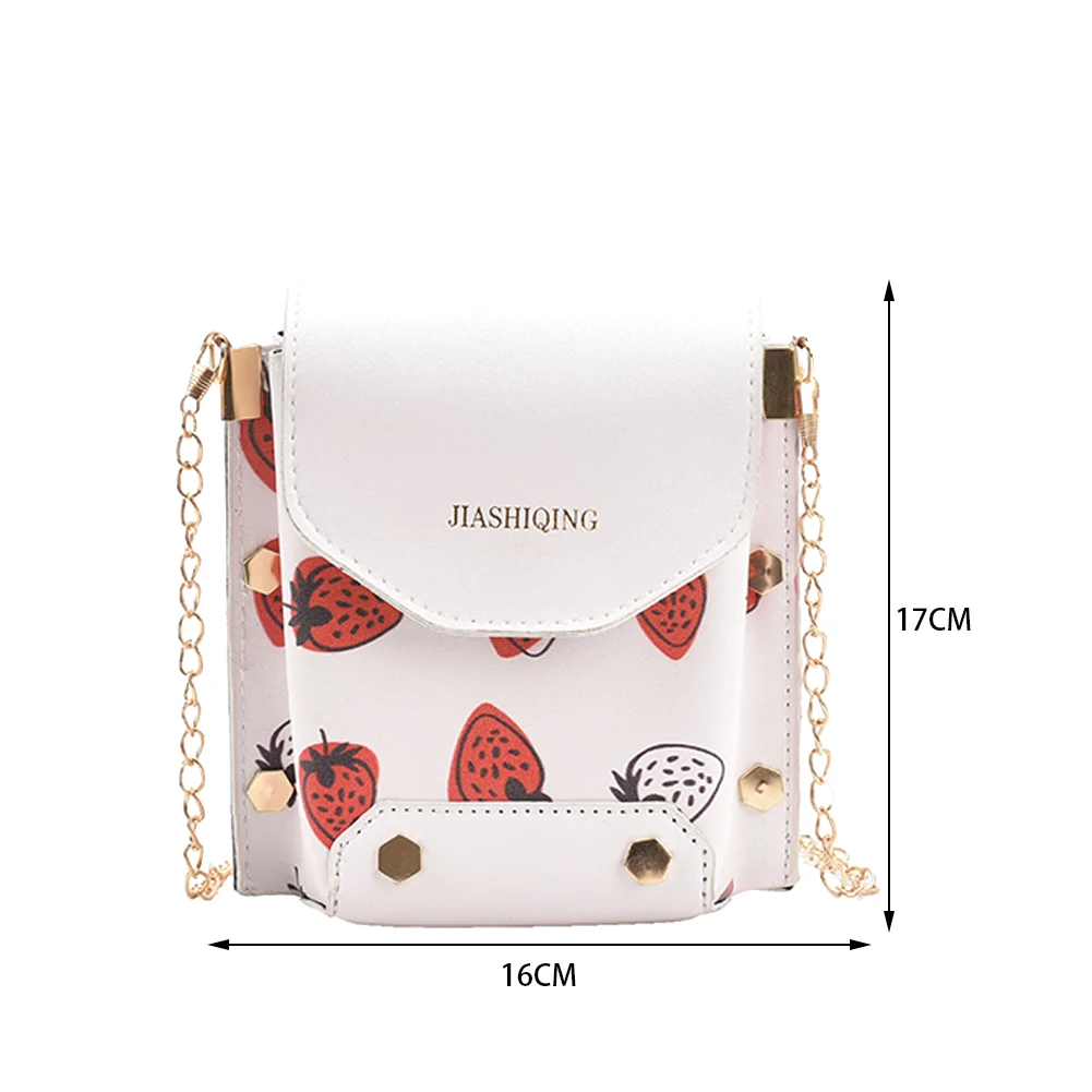 

New Fashion Women PU Leather Strawberry Printing Mini Shoulder Messenger Bag Ladies Vintage Chain Small Flap Crossbody Handbags