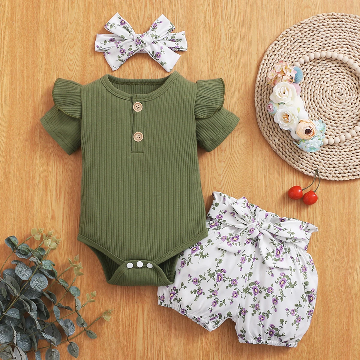 

Summer Newborn Baby Girls Clothes New Born Princess Ruffle Romper Floral Shorts Purple Toddler Outfit Baby Girls Clothing