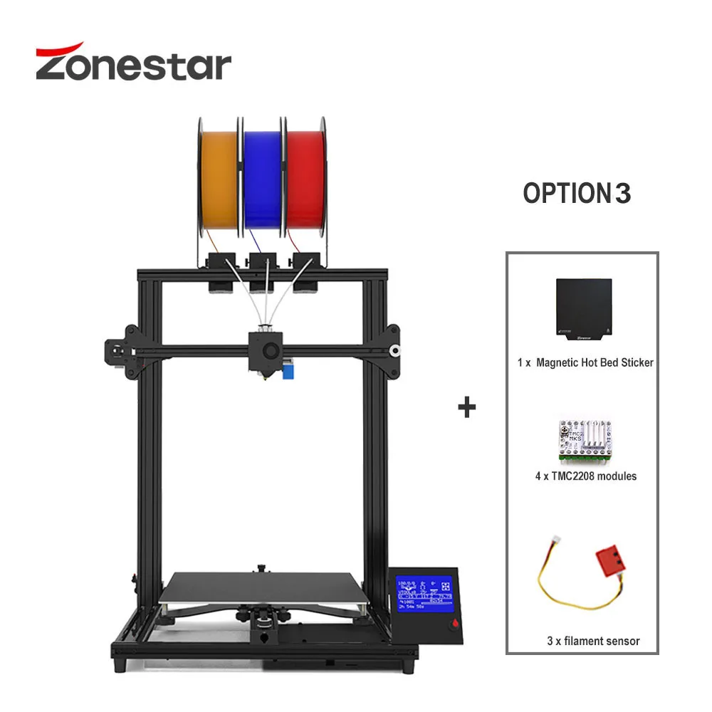 ZONESTAR Color FDM Large Size 3 Extruders 3-IN-1-OUT Mixing Color High Precision Resolution Easy Install 3D Printer DIY Kit Z8T