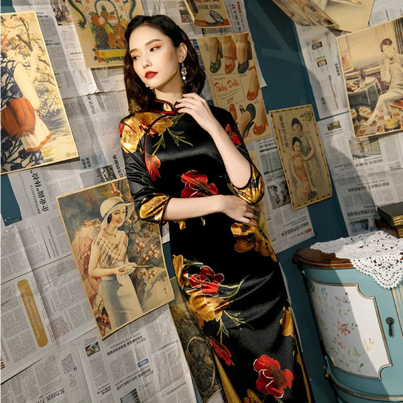 Осенняя одежда 5XL 4XL черный Чонсам с цветами вельветовое платье гибкие Qipao женские Chipao китайские винтажные Длинные платья эластичные силы