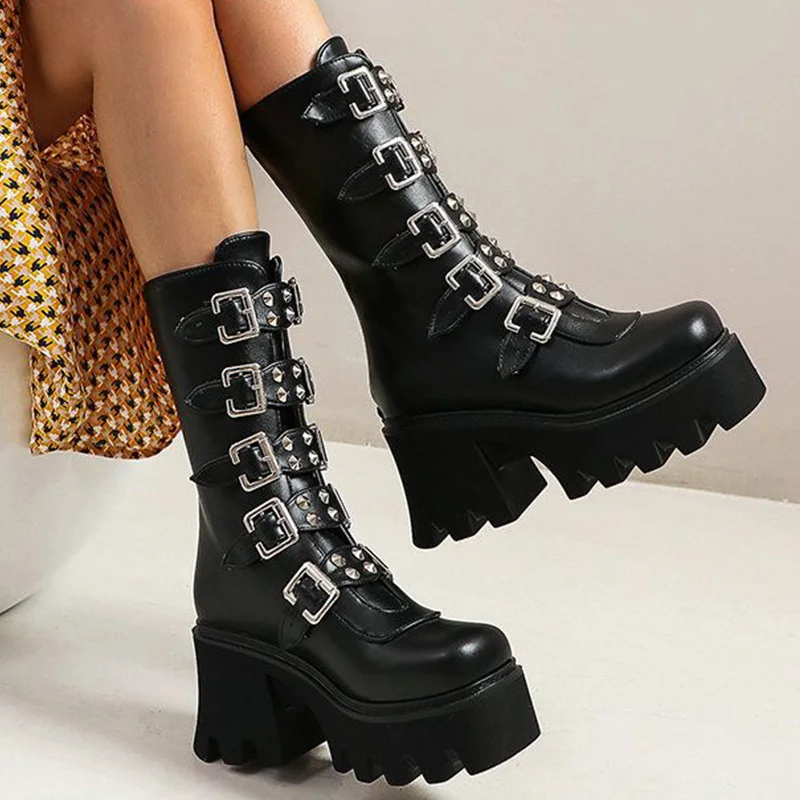 Women Mid-Calf Boots Classic Black Ladies Shoes Heighten Female Shoes Plus Size Women Boots Platform Boots Women Fashion Buckle (0)