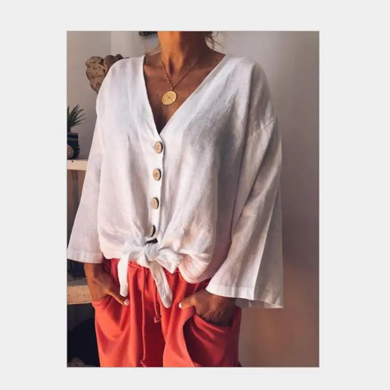 Женские рубашки 2019 летняя однотонная Повседневная Свободная рубашка с v-образным