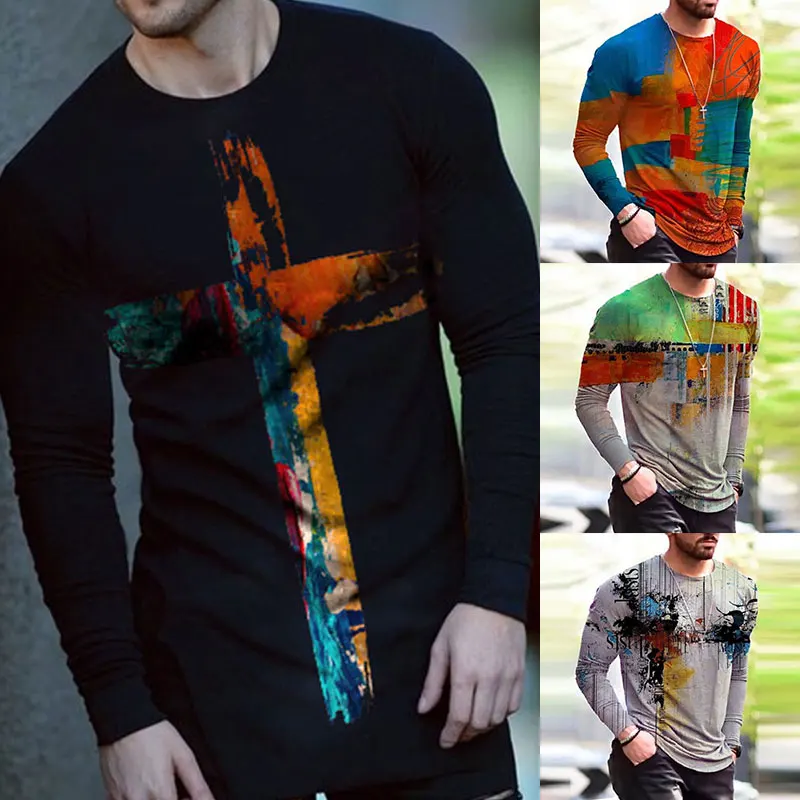 

Men's Printed Stylish Round Neck Long Sleeve T-shirt Simple Comfortable Breathable Various Colors Leisure Nice Tops High Quality
