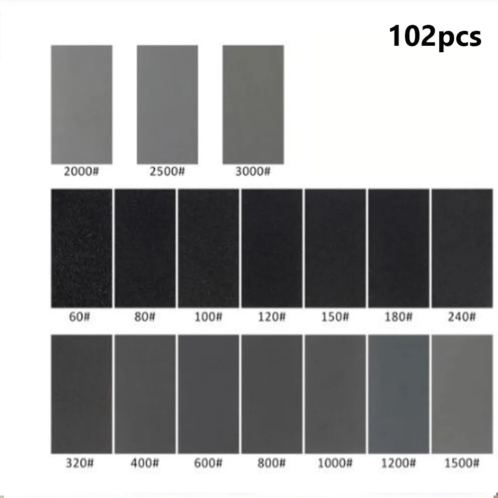 

102Pcs Sand Paper Sheets 60/80/100/120/1000/1200/1500/2500/3000Grit Polishing Car Metal Glass Ceramics Wood Wet /Dry Sandpaper