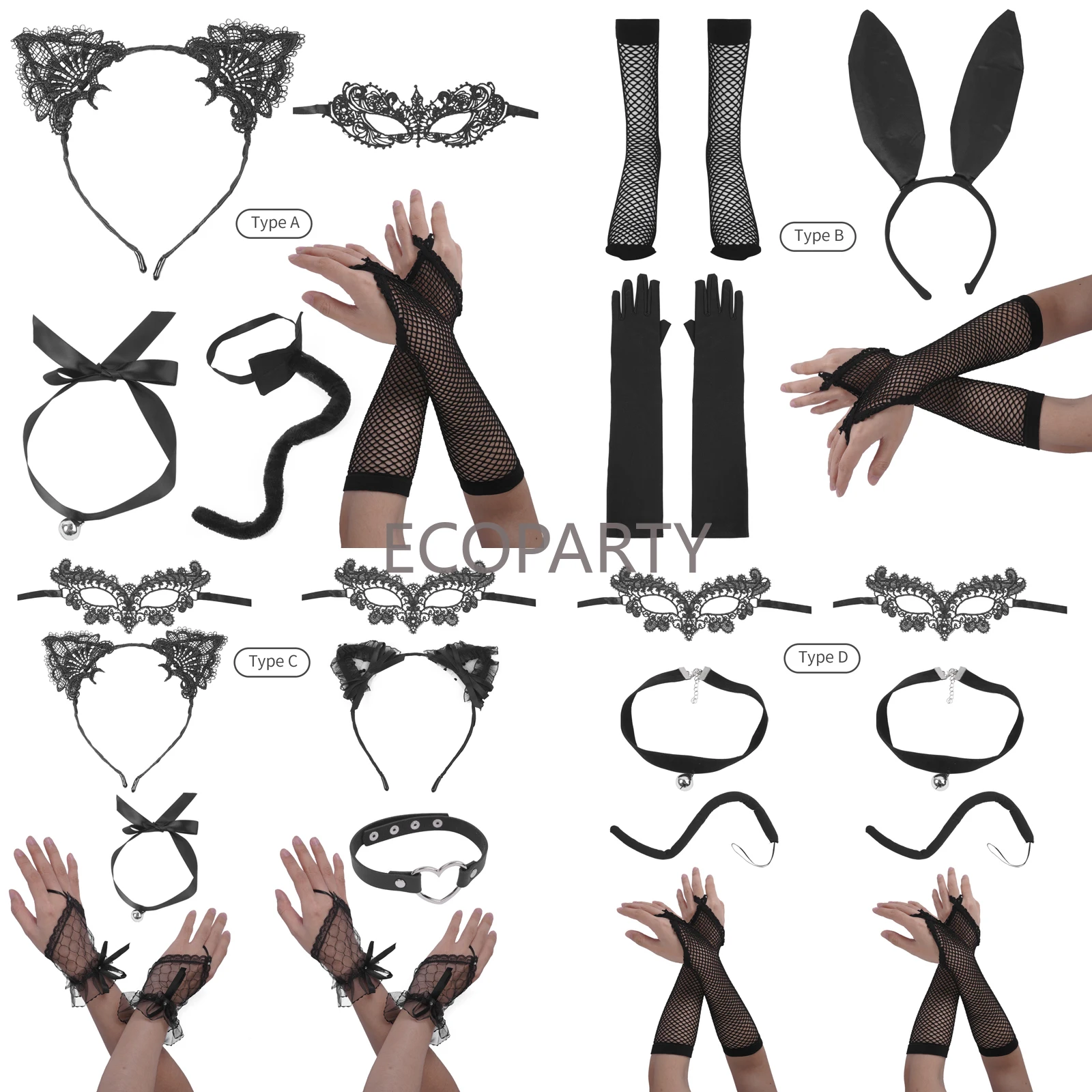 

Masquerade Mask Lace Cat /Bunny Ear Headband,Collar Necklace, Mesh Gloves,Tail for Halloween Cos Black Cat Costume Accessories