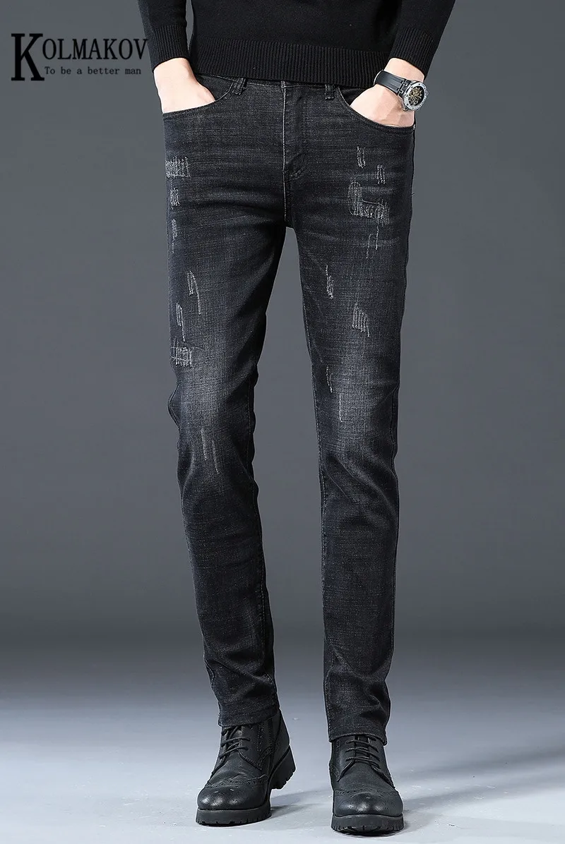 

KOLMAKOV Autumn/Winter Men's Jeans Cultivate One's Feet Korean Style Men's Trousers Middle Waist Thickened With Fleece Male