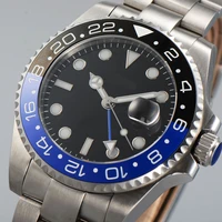 40mm black dial stainless steel case mechanical mens watch gmt watch automatic winding clock oyster strap black blue bezel