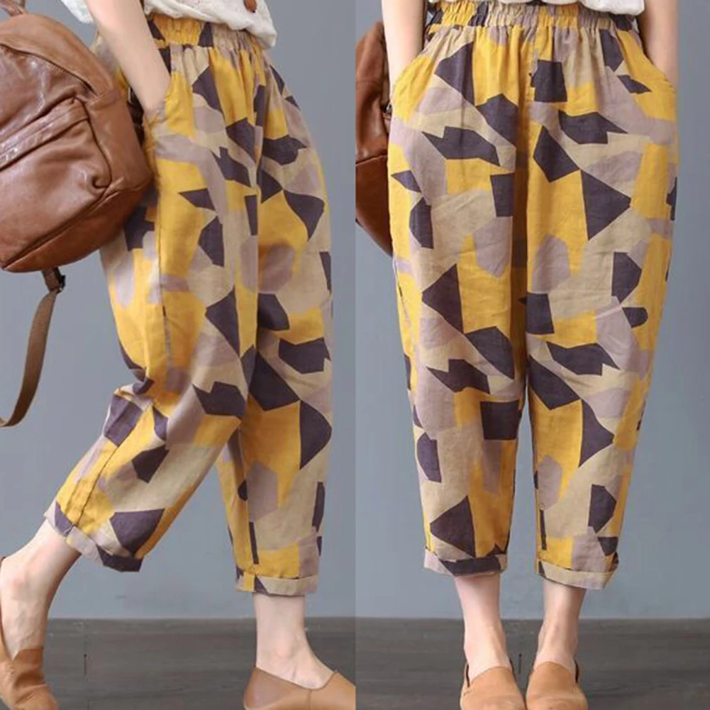 Женские штаны-шаровары с высокой талией и эластичным поясом принтом большого