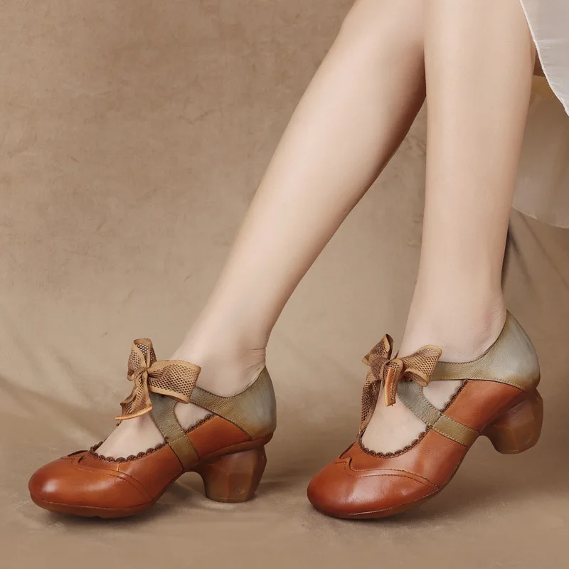 

Women Leather Pumps High Heels Spring Shoes For Women Bowknot Style Handmade Genuine Leather Women Pumps Mary Jane Shoes 2021