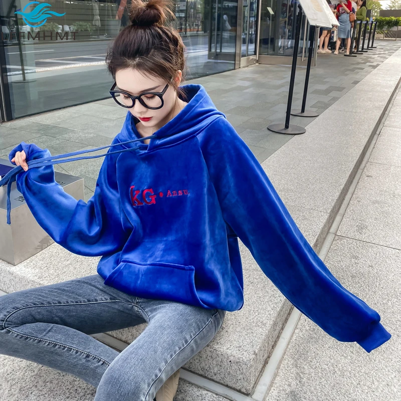 

Women Winter Fall Fashion High Quality Double Sided Golden Velvet Flocking Thick Sweatshirt Letter Embroidery Casual Hooded Tops