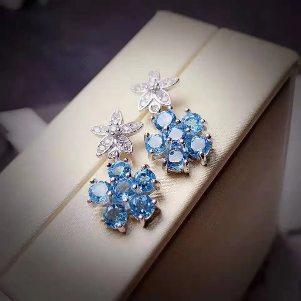Женские серьги с голубым топазом цветочным узором модные ювелирные украшения