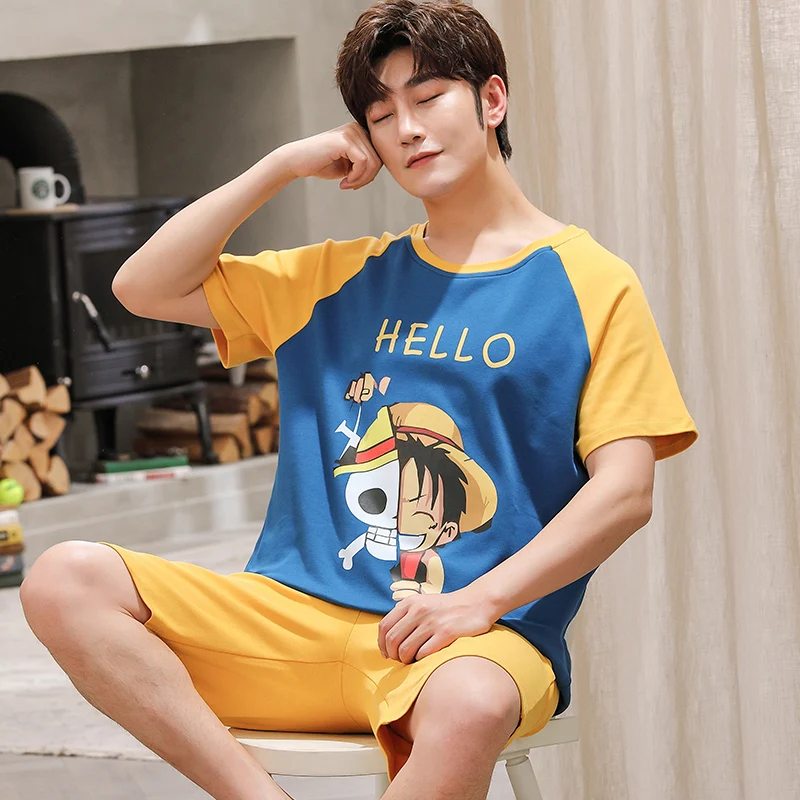 Летняя мужская Хлопковая пижама японская мультяшная аниме одежда для сна