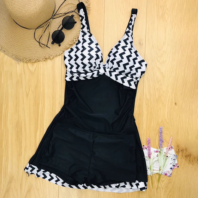 

2020 Plus Size Swimwear Women Skirt Tankini Swimsuit Two Piece Retro Black Bathing Suit Large Size swimming suit for Women S-5XL