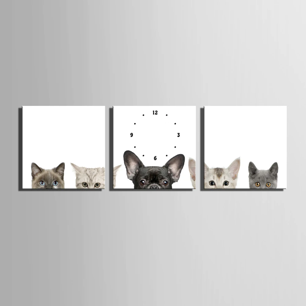 

MINI SIZE Art Print Cats And Dogs Clock in Canvas 3pcs wall clock