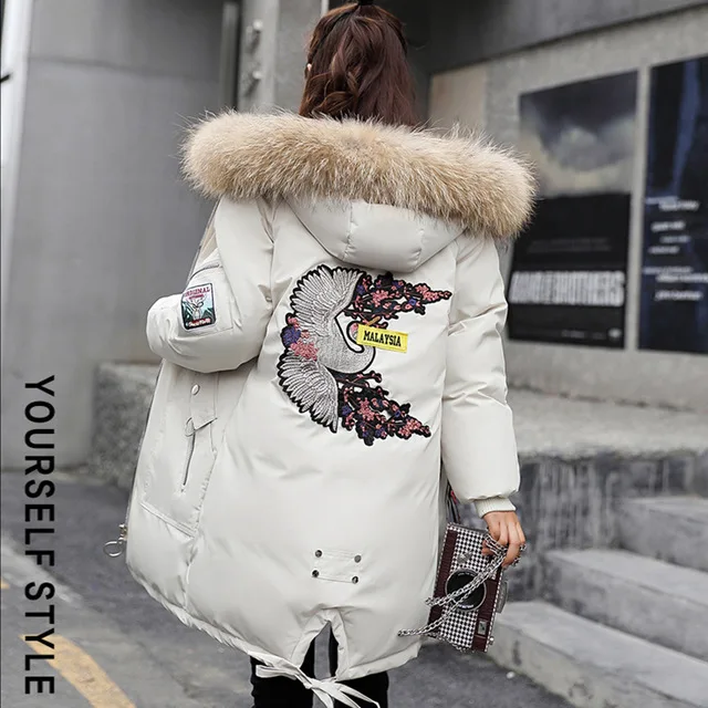 Зимняя куртка Voobuyla женская меховая парка с капюшоном длинное пальто вышивкой