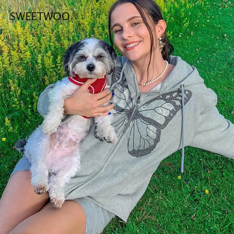 

Autumn and Winter Fashion Women's All-Match Casual Jacket Jacket, Butterfly Hot Diamond Printing Long-Sleeved Hooded Sweater Wo