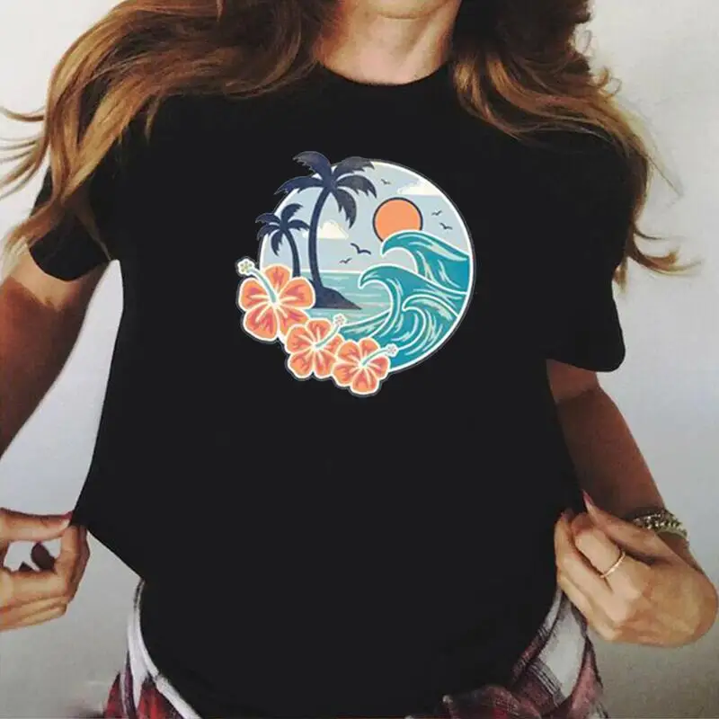 

Футболка женская хлопковая с принтом, забавный Пляжный топ с забавным принтом дерева, моря, солнца, цветов, природы, Повседневная рубашка в с...