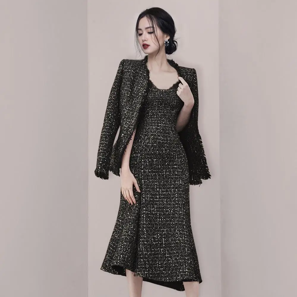 

Fashionable Women's Scale Tweed Dress With Jacket Two Set Elegant Party Formal Wear Lady Outwear DZA049