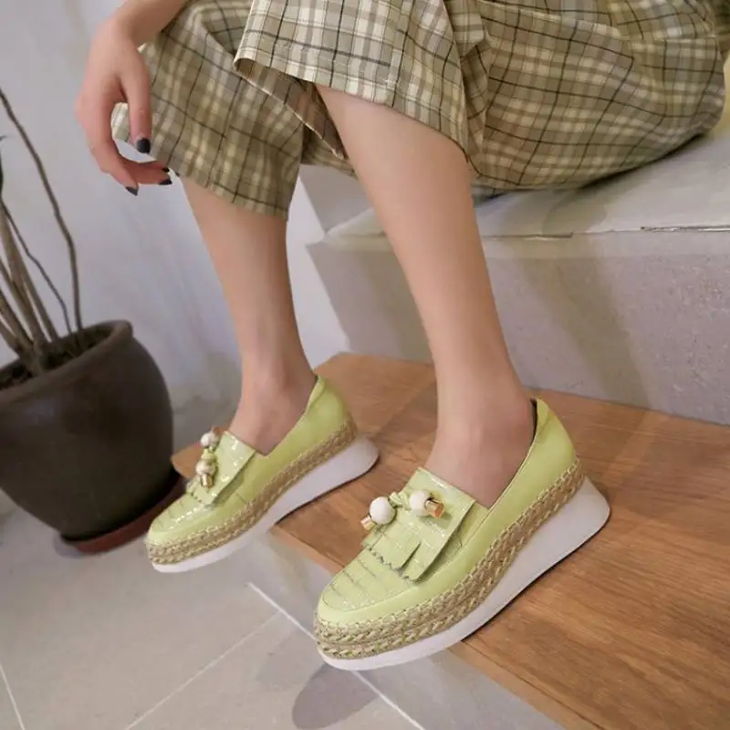 

RIZABINA Women Spring Flat Shoes Fashion Patchwork Real Leather Shoes Women Easy Wear Slip On Pearl Platform Footwear Size 34-39