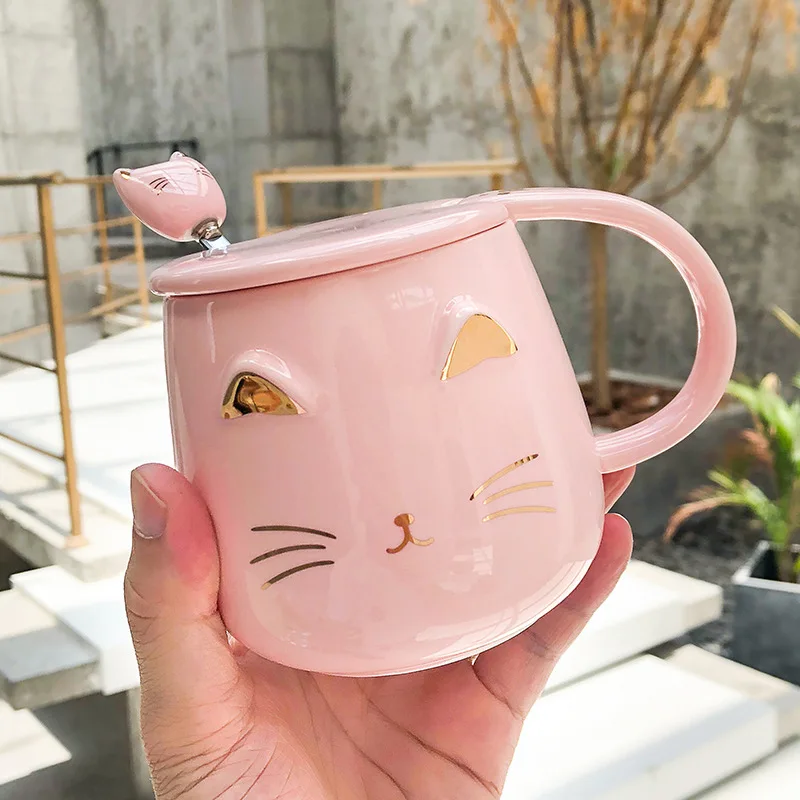 

400ML Korean Coffee Cup with Lid Spoon Creative Simple Embossed Cat Couple Mug Children's Milk Breakfast Cup Cat Mug