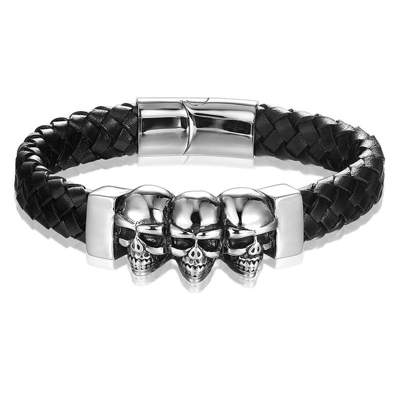 

2021 New Style Genuine Leather Bracelets For Women Men Jewelry Friendship Gift Wholesale Stainless Steel Skeleton Skull Bangles
