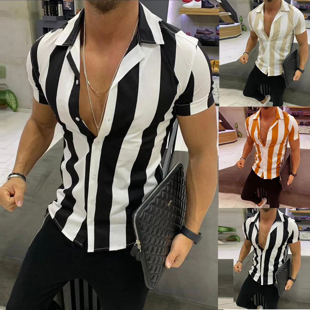

Chamsgend Men Shirts Casual Multicolor Striped Lapel Shirts 2019 New Arrivals Fashion Short-Sleeve Top Blouse Men Shirt Summer #