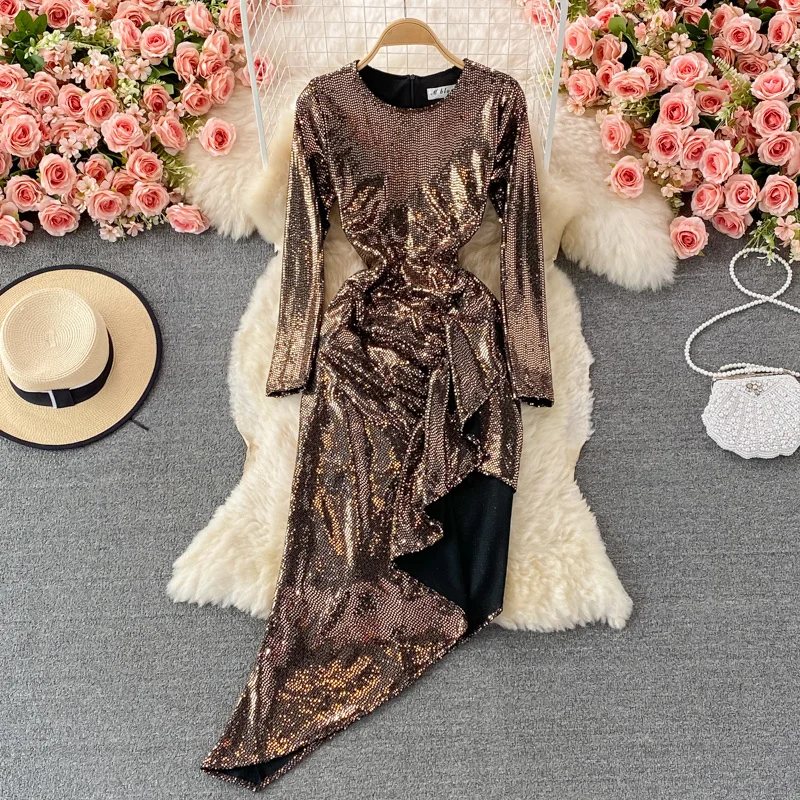 

Autumn new Korean celebrity long sleeve V-neck irregular bright silk Medium Long Ruffle hem Hip Wrap Dress