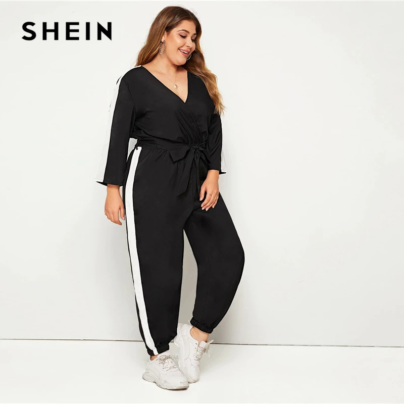 SHEIN плюс размер цветной блок Surplice передний комбинезон с поясом женский весенне-осенний Повседневный v-образный вырез длинный рукав спортивные длинные Комбинезоны