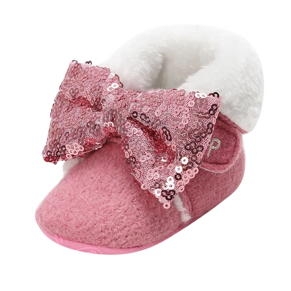 D Теплые зимние ботинки с блестками и бантом для маленьких девочек; bootie shoes; Детский костюм; высокое качество - Цвет: D