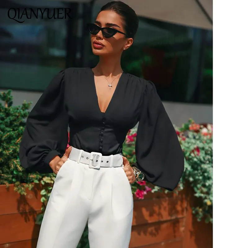 Женские рубашки элегантные с рукавом фонариком офисные женские блузки v образный