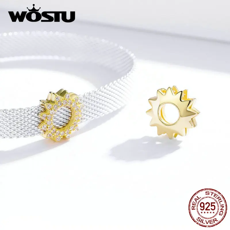 WOSTU 925 стерлингового серебра Подсолнух Солнечный бисер циркон золотой цвет Шарм