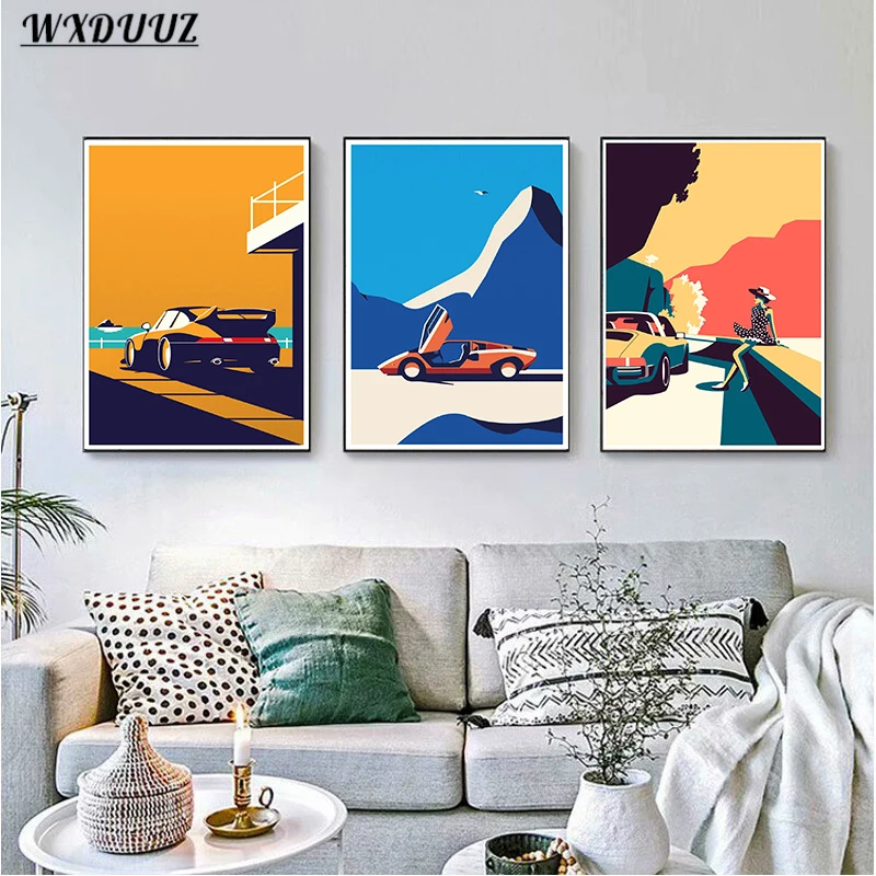 Пейзаж из путешествия мультфильм 80s плакат с автомобилями красочный автомобиль