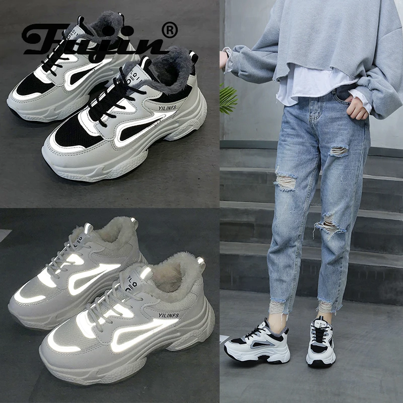 Fujin/женские кроссовки на платформе Зимняя плюшевая повседневная обувь