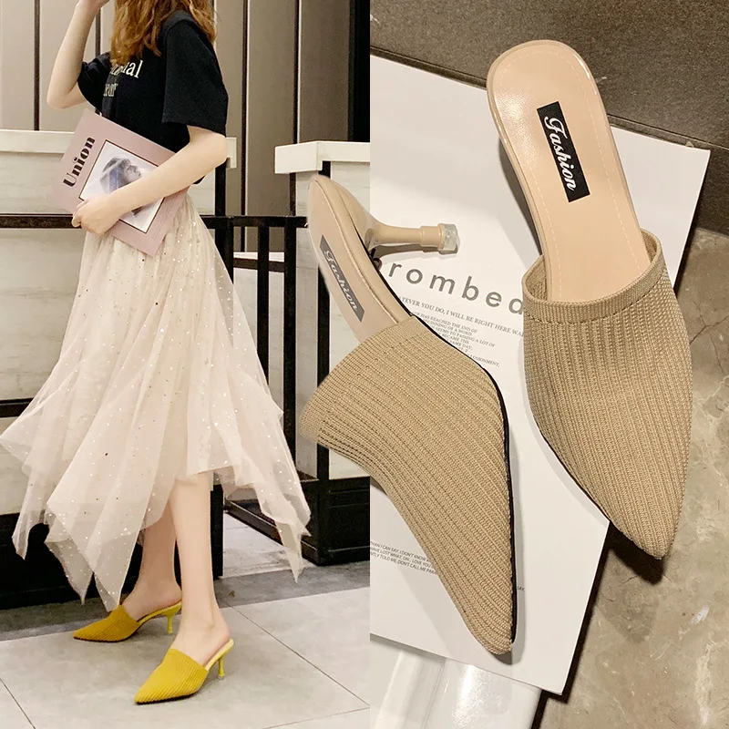 

2021 New Ladies Muller Shoes Pointed Toe Knit High Heels Comfortable and Breathable Women's Sandals Net Red Fashion Slippers