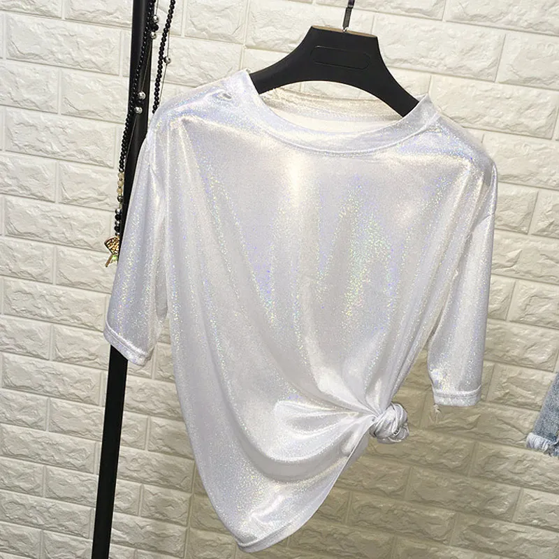 Женская Блестящая футболка с коротким рукавом стильная яркая шелковая в ретро