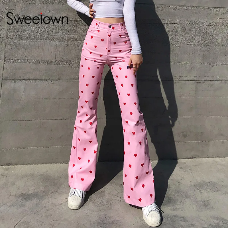 Sweetown-pantalones de chándal Harajuku con estampado de corazón rosa para mujer, Pantalón Cargo acampanado de cintura alta, ropa de calle coreana estética 2000