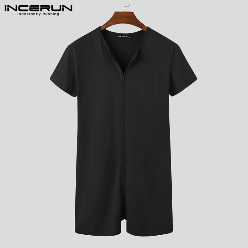 INCERUN Men Pajamas Rompers Solid Short Sleeve V Neck Zipper Fitness Leisure Homewear Playsuits Cozy 2022 Jumpsuit Sleepwear