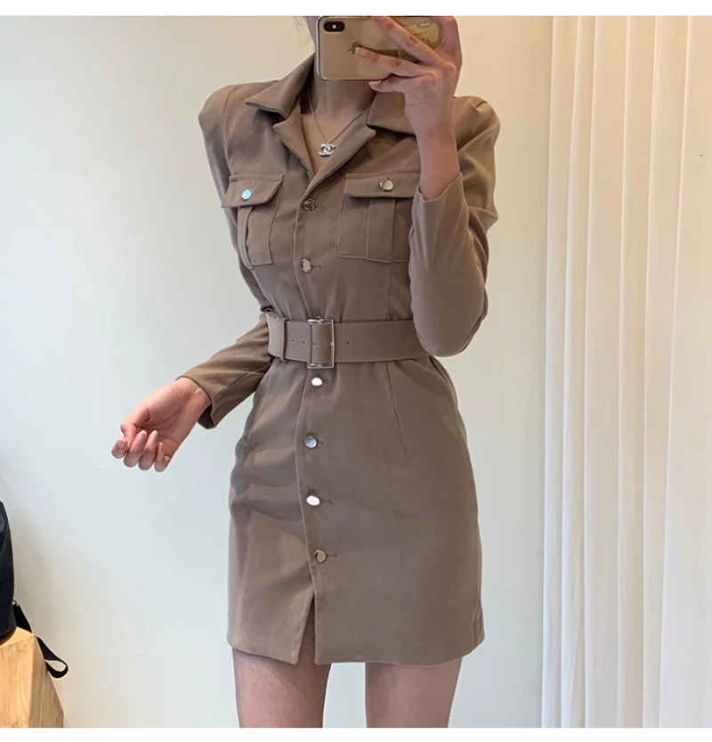 Trytree Autumn Winter Women Casual Dress Turn-down Collar Single Breasted Pockets Belt 5 Colour Slim fit Fashion Mini Dress