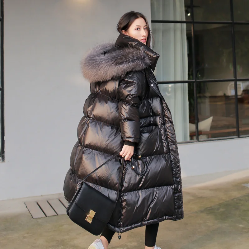 

2022 New Winter Warm Down Long Coat Jacket Women Parkas Sleeve Female Warm Hood Loose Outwear Clothing Big Fur Collar Oversize