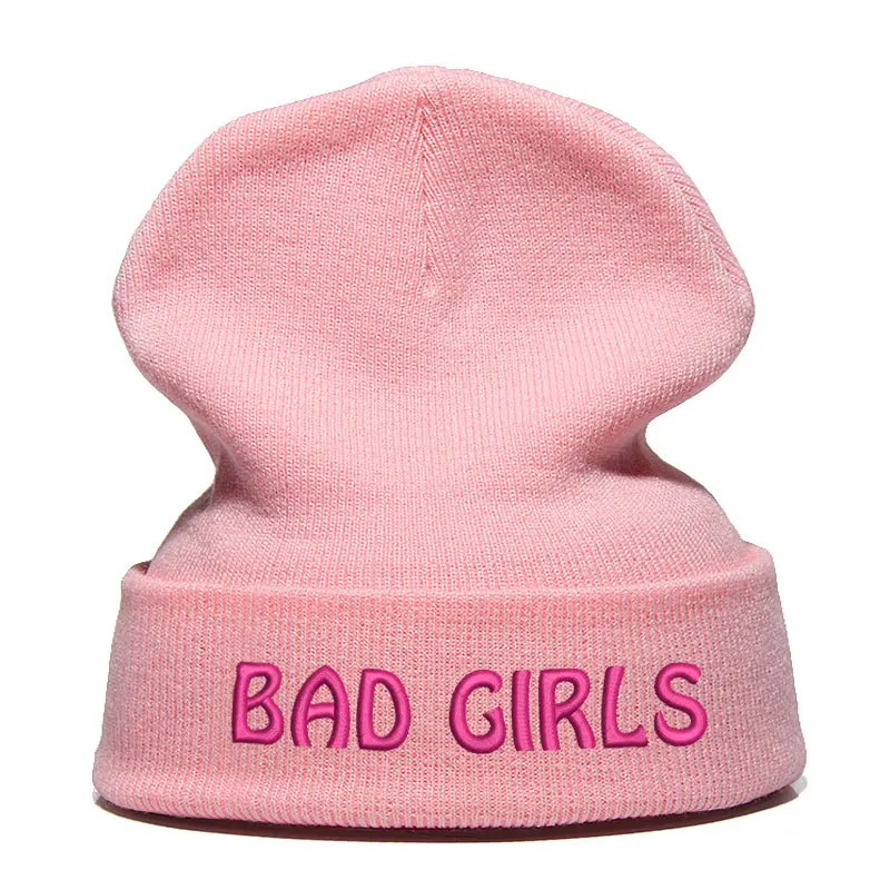 Beanie шляпа Skullie шапка, вязаная шапка-носок Зимняя Вышивка в стиле панк Для мужчин Для женщин подростков уличных танцев забавные персонализированные Csutomized плохие девчонки - Цвет: PINK ROSE