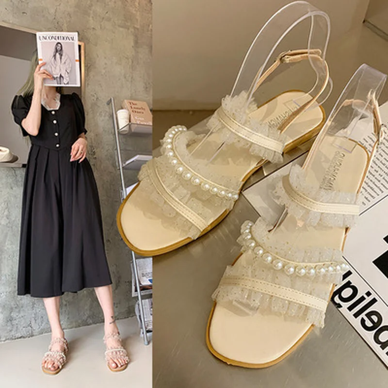 

Flat Sandal Shoe 2021 Women's Summer Heels Suit Female Comfort New Girls Black Pearl Lace Laces Clear Back Strap
