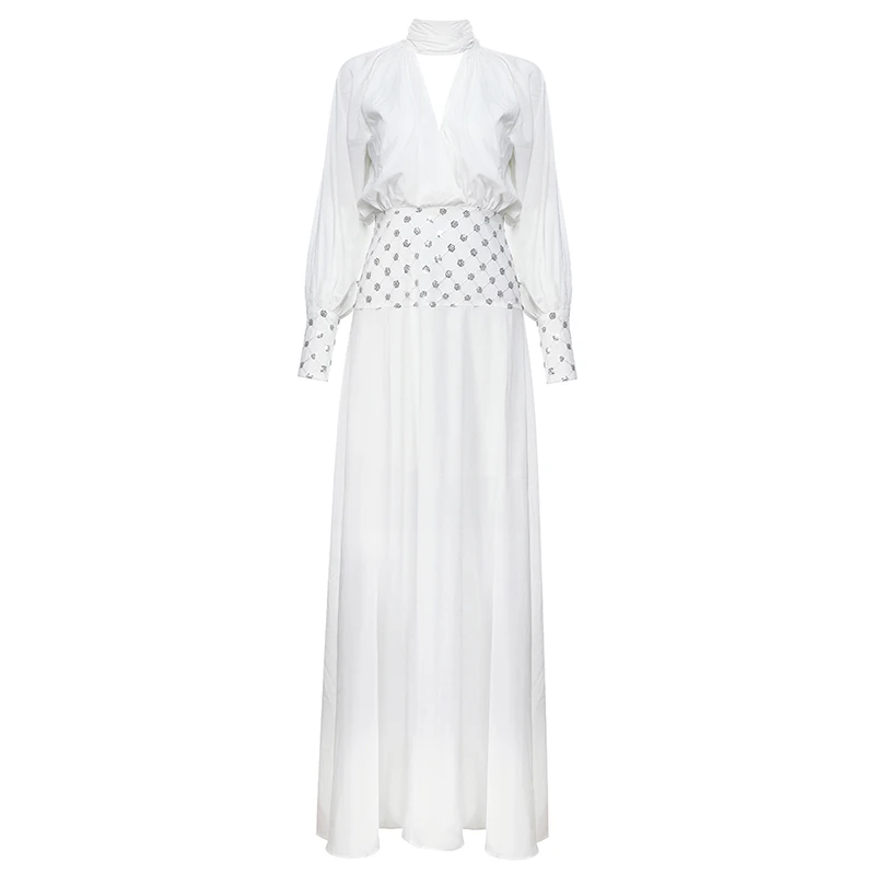 

INDRESSME 2019 New Fashion Slim Sequined Long Sleeve Elegant Chiffon Vestidos Choker Neck Lace Up Sexy Deep V Women Party Gown