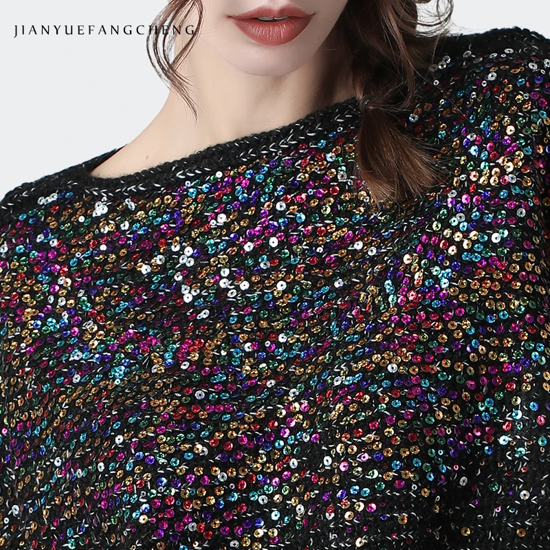 Размера плюс для женщин свитер с пайетками шерстяной трикотажный пуловер