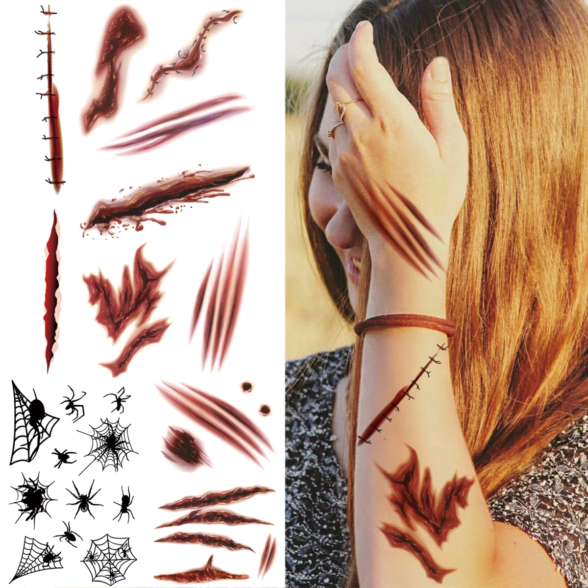 

3D Scar Temporary Tattoos For Women Men Kids Realistic Halloween Spider Fake Tattoo Sticker Washable Holiday Arm Tattoo Decal