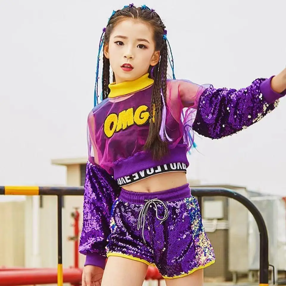 

Girls Jazz Hip Hop Dancing Costumes for Kids T Shirt Crop Tops Jogger Pants Ballroom Performance Show purple Dance Clothes